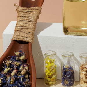 Wooden spoon with dried flowers and oils reflecting natural healing and plant-based wellness