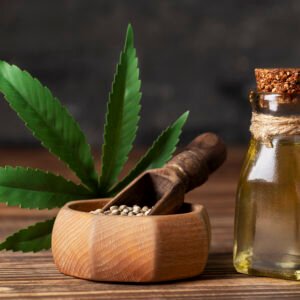 CBD oil and leaves arrangement