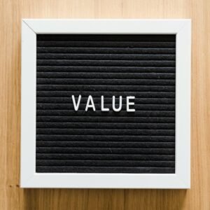 Framed word "value" representing the transformation of brand recognition into long-term brand value